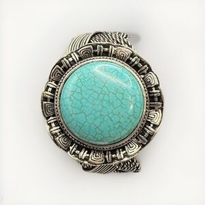 Silver Toned Stainless Steel Faux Turquoise  Wide Cuff Bracelet